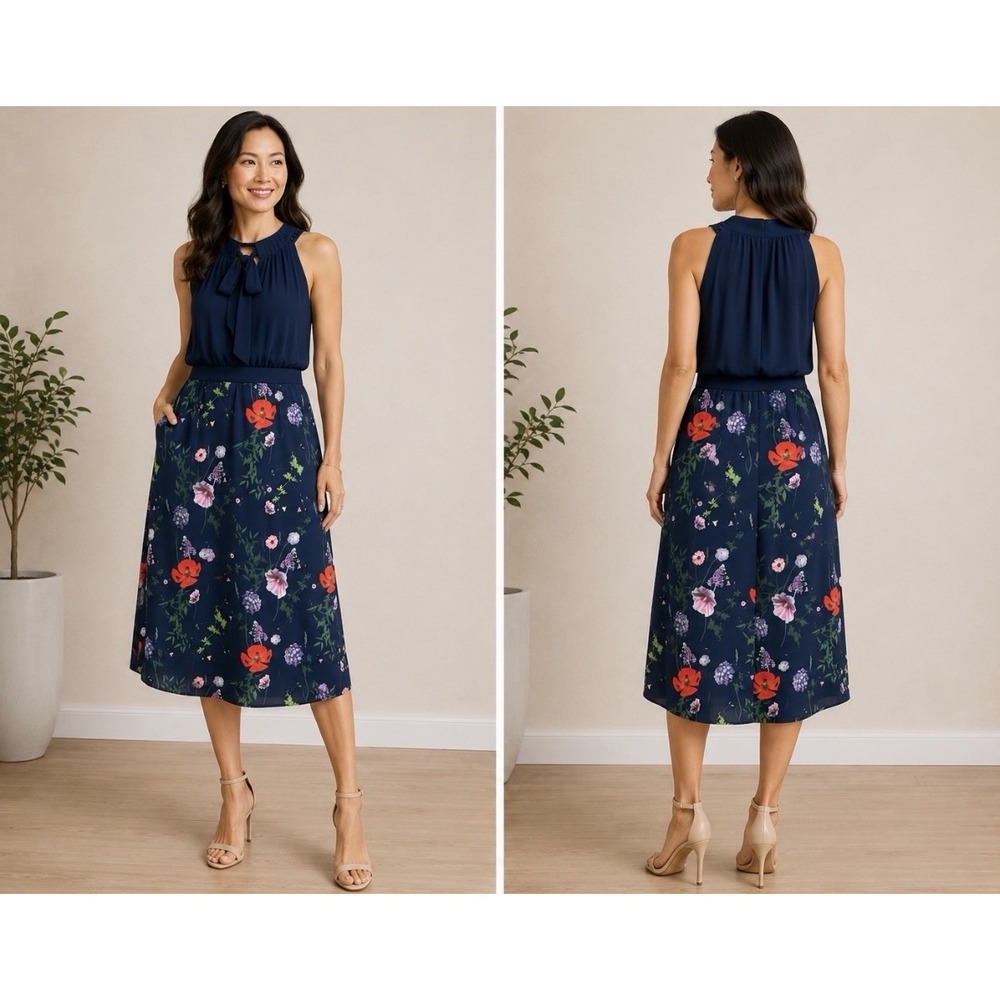 Ted Baker Shimma‎ Halterneck Pleated Pencil Dress Womens Size 1 US 4 Blue Floral